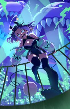 1girl absurdres badge bare_shoulders black_dress black_thighhighs blue_eyes blue_eyeshadow blue_hair blue_sky body_markings breasts bright_pupils city city_lights cleavage commission dress earrings evil_smile eyeshadow feet floating_hair from_below full_body halo hand_on_railing highres indie_virtual_youtuber jacket jewelry legs long_sleeves looking_at_viewer looking_down makeup medium_breasts medium_hair night night_sky open_clothes open_jacket open_mouth outdoors parted_hair pointy_ears poko_bun railing sharp_teeth sky smile solo standing standing_on_one_leg tail teeth thighhighs toes ton_(ton39342104) ufo vgen_commission virtual_youtuber white_pupils zettai_ryouiki zipper zipper_pull_tab
