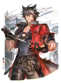 1boy animal_ear_fluff animal_ears arknights arknights:_endfield arms_up belt belt_buckle black_belt black_hair black_pants black_shirt buckle chest_belt closed_mouth coat collared_coat color_guide commentary cropped_legs darkavey double-parted_bangs english_commentary facial_scar fingernails frown highres holding holding_weapon looking_to_the_side male_focus multiple_scars outdoors pants parted_bangs popped_collar red_coat red_eyes scar scar_on_arm scar_on_cheek scar_on_chest scar_on_face sharp_fingernails shirt solo tail unzipped v-neck weapon wolf_boy wolf_ears wolf_tail wulfgard_(arknights) zipper