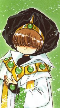 1990s_(style) 1boy ascot_(rayearth) brown_hair cape clamp coat gem hat hidden_eyes magic_knight_rayearth male_focus official_art retro_artstyle scan smile solo