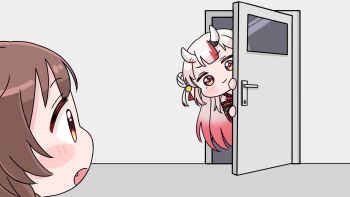 2girls :3 bell brown_eyes brown_hair chibi closed_mouth double_bun fang gradient_hair grey_hair hair_bell hair_bun hair_ornament hand_up highres hololive horns indoors inugami_korone jingle_bell long_hair mochimiko multicolored_hair multiple_girls nakiri_ayame nakiri_ayame_(1st_costume) oni open_door open_mouth peeking_out red_eyes red_hair streaked_hair two_side_up very_long_hair virtual_youtuber