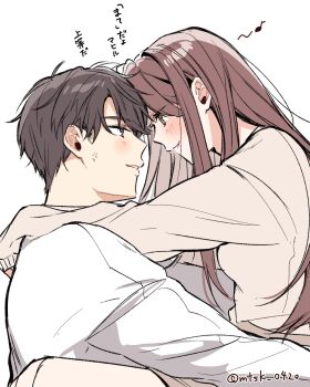 1boy 1girl anger_vein arms_around_neck arms_around_waist blush brown_eyes brown_hair caleb_(love_and_deepspace) couple forehead-to-forehead heads_together hetero highres love_and_deepspace mtsk_0420 musical_note protagonist_(love_and_deepspace) romaji_text sweater upper_body watermark white_background white_sweater