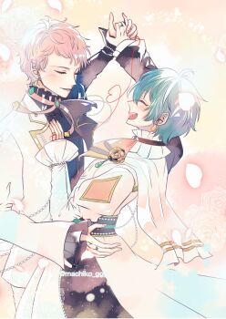 2boys arm_up beads closed_eyes collar commentary dancing earrings ensemble_stars! facing_another fingernails frilled_collar frills green_hair hand_on_another's_chest holding_hands itsuki_shu jewelry kagehira_mika long_sleeves male_focus multiple_boys official_alternate_costume open_mouth petals pink_hair raison_d'etre_(ensemble_stars!) ring short_hair smile string string_of_fate touya_machiko twitter_username valkyrie_(ensemble_stars!) yaoi