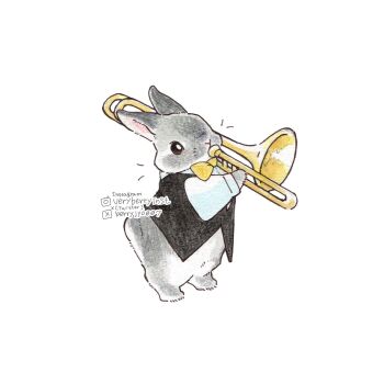 animal animal_focus berry_jou black_vest commentary_request highres holding holding_instrument holding_trombone instagram_username instrument music no_humans original playing_instrument rabbit shirt simple_background trombone twitter_username vest white_background white_shirt