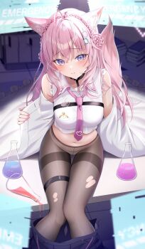 1girl absurdres animal_ears antenna_hair bare_shoulders black_choker blue_eyes blush book braid braided_bun breasts brown_pantyhose choker coat collared_shirt crown_braid double_bun erlenmeyer_flask fingernails flask frilled_shirt frills gradient_eyes hair_bun hair_ornament hakui_koyori hakui_koyori_(1st_costume) heart heart_choker highres holographic_interface hololive indoors kunimine_yuzuki lab_coat large_breasts long_hair looking_at_viewer multicolored_eyes nail_polish navel necktie open_clothes open_coat pantyhose parted_lips pink_hair pink_nails pink_necktie pink_tail pocket_watch purple_eyes purple_skirt shirt skirt sleeveless sleeveless_shirt solo stomach sweat tail thighs torn_clothes torn_pantyhose virtual_youtuber watch white_coat white_shirt wolf_ears wolf_girl wolf_tail