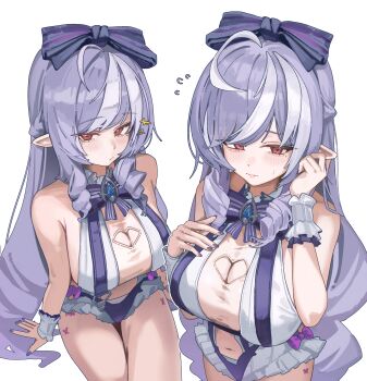 Rule 34 | absurdres, bow, breasts, closed mouth, clothing cutout, commentary, heart cutout, highres, jun daniell, large breasts, long hair, looking at viewer, multicolored hair, multiple views, official alternate costume, one-piece swimsuit, pointy ears, purple hair, red eyes, simple background, streaked hair, swimsuit, vivian banshee, vivian banshee (iris of the shore), white background, white hair, zenless zone zero