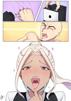 1boy 1girl absurdres artist_self-insert band-width blonde_hair comic dark-skinned_female dark_skin highres mask mouth_mask open_mouth original pencil_sharpener personification ponytail purple_eyes saliva sharp_teeth silent_comic surgical_mask teeth tongue tongue_out uvula