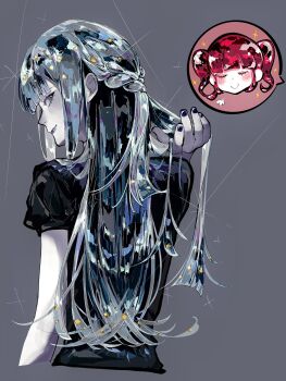 bare_arms black_shirt blue_eyes blue_hair blue_nails colored_skin commentary_request gem_uniform_(houseki_no_kuni) goan_pizya highres houseki_no_kuni lapis_lazuli_(houseki_no_kuni) long_hair red_beryl_(houseki_no_kuni) shirt short_sleeves sparkle white_skin