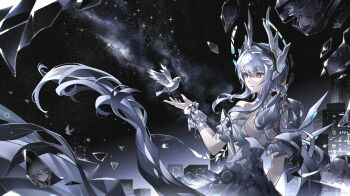 1girl absurdres artist_name bare_arms bare_shoulders bird body_markings building chinese_commentary city_lights cityscape clear_sky commentary different_reflection diffraction_spikes dove dress floating_hair flock frilled_wrist_cuffs frills from_behind glowing_markings grey_dress grey_hair hair_between_eyes halo halo_behind_head head_wings headgear highres liv:_eclipse_(pgr) liv:_empyrea_(pgr) liv:_limpidity_(pgr) liv:_luminance_(pgr) liv:_lux_(pgr) liv_(pgr) long_hair looking_at_animal looking_to_the_side mechanical_wings median_furrow nebula night parted_lips punishing:_gray_raven red_eyes reflection sky skyscraper solo star_(sky) strapless strapless_dress ting_zhi_yue upper_body very_long_hair white_bird wings wrist_cuffs