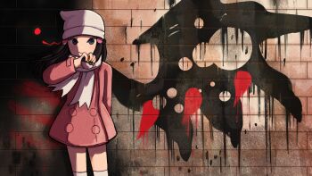 1girl absurdres against_wall angel_with_a_shotgun arm_behind_back arm_up beanie black_eyes black_hair black_wings brick_wall coat dappled_sunlight dawn_(pokemon) demon_wings different_shadow drawn_wings dress drop_shadow evening face_in_shadow facing_viewer gen_4_pokemon giratina giratina_(altered) hand_on_own_chin hand_to_own_mouth hand_up hat highres holding holding_poke_ball in_shadow legendary_pokemon looking_at_viewer nintendo outdoors paint paint_splatter parody partially_shaded_face pink_coat pink_dress poke_ball pokemon pokemon_dppt pokemon_platinum renmemberme scarf shadow smile spiked_wings spray_paint sunlight thighhighs torn_wings ultra_ball white_hat white_scarf white_thighhighs wind wings