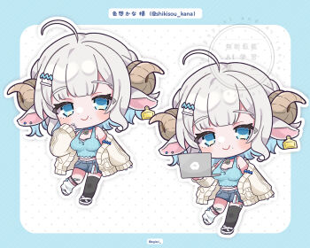 1girl ahoge animal_ears asymmetrical_legwear bare_shoulders black_thighhighs blue_border blue_eyes blue_hair blue_shirt blue_shorts blunt_bangs blush_stickers border breasts cardigan character_name chibi chibi_only cleavage closed_mouth colored_inner_hair commentary_request computer drop_shadow egissi full_body highres holding holding_laptop horns indie_virtual_youtuber laptop long_sleeves looking_at_viewer midriff mismatched_legwear mole mole_under_mouth multicolored_hair multiple_views navel off_shoulder open_cardigan open_clothes outline outside_border polka_dot polka_dot_background sheep_ears sheep_girl sheep_horns shikisou_kana shirt shoes short_hair shorts single_sock single_thighhigh sleeveless sleeveless_shirt smile socks standing thighhighs twitter_username uneven_legwear virtual_youtuber watermark white_background white_hair white_outline white_shoes white_socks yellow_cardigan