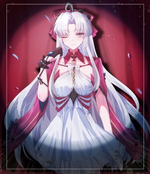 1girl ahoge black_gloves bow breasts carlotta_(wuthering_waves) closed_mouth commentary_request cowboy_shot dress gloves hair_bow hand_up highres jacket looking_at_viewer medium_breasts one_eye_closed parted_bangs pink_bow pink_jacket smile solo soyogi_nrso spotlight stage striped_bow white_dress white_eyes wuthering_waves