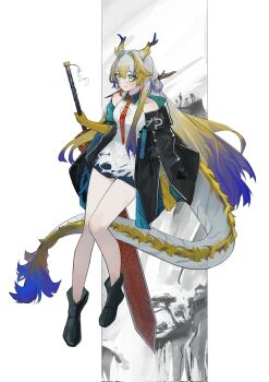 1girl ankle_boots arknights bare_shoulders black_boots blonde_hair boots cleavage_cutout closed_mouth clothing_cutout collared_dress colored_extremities contrast_collar cosplay dragon_girl dragon_horns dragon_tail dress dusk_(arknights) dusk_(arknights)_(cosplay) earrings full_body green_eyes grey_hair hair_between_eyes hair_intakes hashtag-only_commentary highres holding holding_sword holding_weapon horns huge_weapon ikmaln300_(mal008) jewelry knees_together_feet_apart light_smile long_hair multicolored_hair necktie off_shoulder pointy_ears purple_hair red_necktie short_dress shu_(arknights) sleeveless sleeveless_dress solo sword tail very_long_hair weapon white_dress