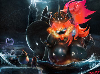 1boy 1girl absurdres armlet ass bent_over black_skin blank_eyes bowser bowser_jr. bowsette bracelet breasts breath_weapon breathing_fire clothed_male_nude_female cloud cloudy_sky collar colored_skin electricity fingernails fire fury_bowser giant giantess glowing glowing_eyes glowing_mouth hanging_breasts hat highres horns huge_ass huge_breasts jewelry junior_clown_car kaiju large_areolae large_nipples lightning long_hair long_sleeves looking_at_another mario mario_(series) monster_girl new_super_mario_bros._u_deluxe nintendo nude ocean outdoors overalls rain red_hair sharp_fingernails shiny_skin size_difference sky solo_focus spiked_armlet spiked_bracelet spiked_collar spiked_tail spikes standing storm super_crown super_mario_3d_world sweater tail tudduls turtle_shell water water_drop waves wet