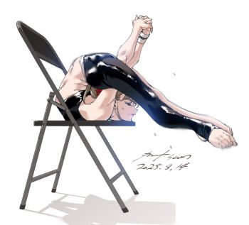 1girl asymmetrical_clothes backbend barefoot chair closed_eyes contortion crop_top exercising flexible full_body highres interlocked_fingers nabipenciller original own_hands_together simple_background single_pantsleg solo stirrup_legwear sweat toeless_legwear toes white_background