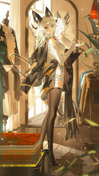 1girl absurdres ahoge bare_shoulders black_horns black_jacket black_shoes black_thighhighs breasts caicaicaicai_ni_caicai chinese_commentary clothing_cutout commentary_request curled_horns dress earrings grey_dress grey_hair hair_between_eyes hand_up high_heels highres horns indoors jacket jacket_on_shoulders jewelry long_hair looking_at_viewer medium_breasts red_eyes reflection shoes shoulder_cutout solo sweater sweater_dress thighhighs thighs wuthering_waves zani_(downtown_repose)_(wuthering_waves) zani_(wuthering_waves)