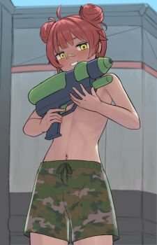 1girl ahoge airy_production bandaid bandaid_on_face bandaid_on_nose clenched_teeth commentary_request cowboy_shot double_bun hair_bun highres hinata_maru holding male_swimwear male_swimwear_challenge miyako_(naotsugu) navel red_hair solo swim_trunks teeth topless_female variant_set virtual_youtuber water_gun yellow_eyes