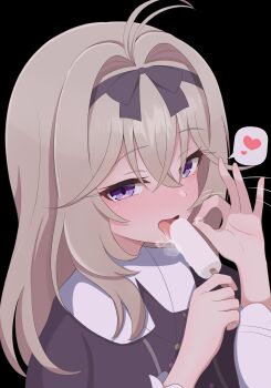1girl ahoge antenna_hair black_background black_bow black_dress black_hairband blush bow bow_hairband dress fellatio fellatio_gesture food grey_hair hair_between_eyes hair_bow hair_intakes hairband handjob_gesture heart holding holding_food holding_popsicle ice_cream licking loli long_hair long_sleeves looking_at_viewer meitantei_precure! moke_(moke_dayo) moria_luluka motion_lines open_mouth oral popsicle precure purple_eyes saliva sexually_suggestive simple_background simulated_fellatio solo spoken_heart tongue tongue_out upper_body