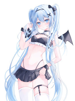 1girl bare_shoulders black_bow black_bra black_skirt black_wings blue_eyes blush bow bra breasts choker cleavage closed_mouth commentary_request cowboy_shot demon_wings frilled_bra frilled_choker frills garter_belt garter_straps hair_ornament hair_ribbon hand_on_own_hip hand_up highres hiiragi_(hr_ccr) long_hair looking_at_viewer medium_breasts midriff mini_wings miniskirt navel original pleated_skirt ribbon simple_background skirt solo standing thighhighs twintails two_side_up underwear white_background white_choker white_thighhighs wings wristband x_hair_ornament zettai_ryouiki