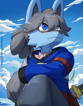 1boy alternate_eye_color arm_on_knee artist_name blue_eyes blue_fur blue_jacket blue_sky blue_theme body_fur closed_mouth cloud day fang furry furry_male gen_4_pokemon grey_eyes grey_fur grey_hair grey_pants hair_between_eyes heterochromia jacket knee_up long_sleeves looking_afar lucario male_focus multicolored_fur nintendo outdoors pants patreon_logo patreon_username pokemon pokemon_(creature) pouch rilex_lenov short_hair skin_fang sky snout solo sword watermark weapon web_address wind