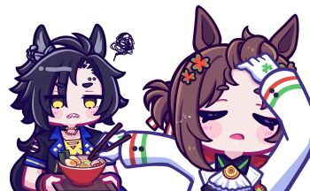 Rule 34 | 2girls, adjusting hair, air shakur (umamusume), air shakur (unsigned) (umamusume), animal ears, ascot, aya chan1221, black hair, black jacket, blush stickers, brown hair, chibi, chopsticks, closed eyes, clover hair ornament, commentary, cropped jacket, ear chain, english commentary, eyebrow piercing, face piercing, fine motion (noble seamair) (umamusume), fine motion (umamusume), food, gloves, hair ornament, hair slicked back, hand in own hair, hand on own head, highres, holding, holding chopsticks, holding tray, horse ears, horse girl, jacket, jujutsu kaisen, linked piercing, long hair, long sleeves, meme, multicolored hair, multiple girls, naoya hitting choso without looking (meme), noodles, open clothes, open mouth, parody, piercing, ramen, scene reference, sharp teeth, shirt, short sleeves, simple background, squiggle, teeth, tray, umamusume, white ascot, white background, white gloves, white jacket, yellow eyes, yellow shirt