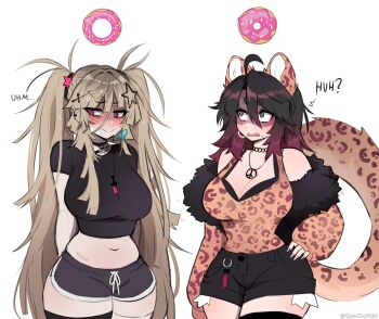 2girls absurdres animal_ears animal_print black_choker blonde_hair blush body_freckles breasts choker commentary cowboy_shot dokidomiki dolphin_shorts donut english_commentary english_text fingernails food freckles gauze gauze_on_cheek gauze_on_face hair_between_eyes hair_ornament highres jewelry large_breasts leopard_ears leopard_print leopard_tail long_fingernails long_hair messy_hair miki_(dokidomiki) mole multiple_girls open_mouth original peace_symbol pink_eyes scar scar_on_stomach shorts simple_background star_(symbol) star_hair_ornament syringe_necklace tail thigh_freckles uneven_bangs white_background