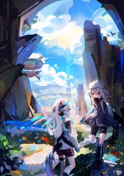 2girls absurdres animal_ears black_boots black_coat black_shorts blue_eyes boots cloud cloud_(lufaeris) cloudy_sky coat commentary english_commentary fur-trimmed_coat fur_trim grass grey_hair grey_hat hair_between_eyes hat highres long_hair looking_at_viewer multiple_girls open_mouth original outdoors rabbit_ears red_eyes shorts sky sun tail wide_shot