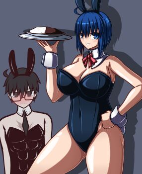 1boy 1girl abs absurdres animal_ears black_hair black_necktie blue_eyes blue_hair blush breasts ciel_(tsukihime) cleavage curry curry_rice fishnets food glasses highres large_breasts looking_at_viewer necktie playboy_bunny rabbit_ears rabbit_tail rice sakurello short_hair tail tohno_shiki tray tsukihime tsukihime_(remake) wrist_cuffs