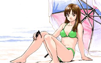 1990s_(style) 1girl archived_source arm_support bare_legs barefoot beach beach_umbrella bikini black-framed_eyewear breasts brown_eyes brown_hair dithering green_bikini hair_over_shoulder hand_on_ground hand_on_own_knee holding holding_removed_eyewear knees_together_feet_apart knees_up leaning_back long_hair looking_at_viewer medium_breasts navel ocean on_ground original outdoors parted_lips pc-98_(style) pixel_art retro_artstyle sand sitting smile solo swimsuit teeth teiku_(take) umbrella unworn_eyewear