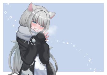 Rule 34 | 1girl, black jacket, blue background, blue eyes, blunt bangs, blush, border, cat girl, commentary, enpera, grey hair, grey scarf, grin, highres, indie virtual youtuber, jacket, long hair, long sleeves, looking at viewer, nachoneko, open clothes, open jacket, paw print, scarf, sharkudon, sleeves past wrists, smile, solo, steepled fingers, upper body, virtual youtuber, white border
