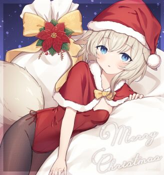 1girl absurdres bow breasts christmas_costume cleavage hat highres leotard red_leotard santa_hat yellow_bow