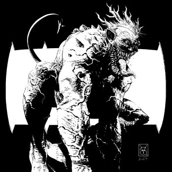 1boy absolute_batman absolute_dc back_spikes batman_(series) body_horror commentary dark dc_comics demon_tail english_commentary extra_teeth highres horror_(theme) long_tongue looking_at_viewer male_focus monochrome monster monster_boy muscular official_alternate_design pointy_ears saliva sharp_teeth short_hair solo squatting tail teeth the_joker tongue tongue_out valerio_giangiordano veins veiny_arms veiny_face veiny_legs