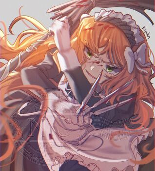 1girl apron arm_up black_dress blood blood_on_face broom commentary_request dress frilled_apron frills gloves height_difference highres holding holding_broom holding_knife ishmael_(project_moon) juliet_sleeves knife limbus_company long_hair long_sleeves maid maid_apron maid_headdress myohn orange_hair parted_lips project_moon puffy_sleeves rope simple_background smile solo very_long_hair wavy_hair white_apron white_background white_gloves