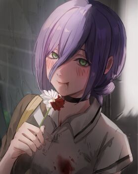 1girl blood blood_on_clothes blood_on_face blush chainsaw_man commentary_request flower green_eyes hair_between_eyes highres holding looking_at_viewer reze_(chainsaw_man) short_hair smile tun_c_9