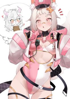 2girls absurdres animal_ear_fluff animal_ear_piercing animal_ears bandaid bandaid_on_face bandaid_on_nose bare_hips bdsm belt black_hair blonde_hair bondage bound breasts cleavage commentary cross_hair_ornament cuffs demon_girl demon_horns english_commentary fox_girl hair_ornament handcuffs hat heart highres horns implied_yuri indie_virtual_youtuber jacket leotard multiple_girls orange_eyes pepq pink_eyes pink_hat pink_leotard purple_horns rainhoe shirahiko_(vtuber) small_breasts surprised sweat thighs virtual_youtuber white_background white_jacket yuri