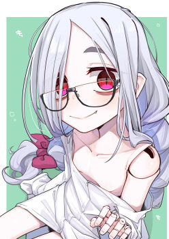 1girl breasts doll_joints fang glasses green_background highres joints looking_at_viewer ogami_kazuki original red_eyes small_breasts smile solo