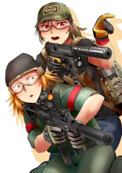 2girls airsoft ammunition_pouch an/peq-6 bag beanie blonde_hair brown_hair bulletproof_vest colored_eyelashes didloaded flashlight gloves goggles gun h&amp;k_mark_23 h&amp;k_mp7 handgun hat heckler_&amp;_koch insight_technology kac_mk23_suppressor knight&#039;s_armament_company laser_aiming_module laser_pointer laser_sight match_grade match_grade_firearm match_grade_pistol military_combat_uniform military_operator military_uniform multiple_girls offensive_handgun open_mouth original personal_defense_weapon pistol pointing ponytail pouch red_eyes scarf simple_background submachine_gun suppressor tactical_light trigger_discipline vertical_forward_grip weapon white_background yellow_eyes