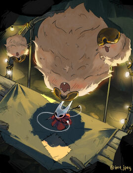 1girl absurdres artist_name bell blush cloak drunk fang flea_(hollow_knight) giant_flea highres hollow_knight hollow_knight:_silksong hornet_(hollow_knight) imtjpeg looking_up needle_(hollow_knight) red_cloak stage sweatdrop white_mask