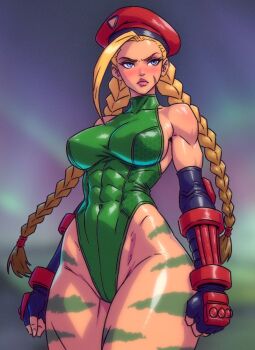 1girl :&lt; bare_arms bare_shoulders beanie blonde_hair blue_eyes blush braid cammy_white clenched_hands csaurageul curvy fingerless_gloves gloves green_leotard hat highleg highleg_leotard jewelry leotard mariannefredericks parted_lips phone photo_(medium) shiny_skin sleeveless smile standing street_fighter thong_leotard toned toned_female wide_hips