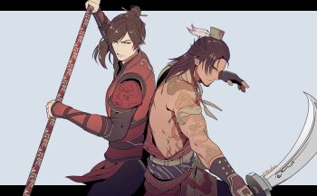 2boys arm_tattoo armor back-to-back bare_shoulders black_border black_gloves border brown_hair chinese_armor chinese_clothes cowboy_shot earrings fighting_stance fingerless_gloves furrowed_brow gan_ning_(shin_sangoku_musou) gloves highres holding holding_sword holding_weapon igusaharu jewelry letterboxed ling_tong_(shin_sangoku_musou) male_focus multiple_boys parted_lips ponytail shin_sangoku_musou shin_sangoku_musou_origins shoulder_armor shoulder_tattoo swept_bangs sword tattoo twitter_username vambraces weapon