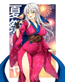 1girl bird breasts fire_emblem fire_emblem:_radiant_dawn fireworks japanese_clothes jarckius kimono large_breasts micaiah_(fire_emblem) micaiah_(summer's_dawn)_(fire_emblem) nintendo official_alternate_costume solo white_hair yellow_eyes