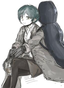 aqua_hair blue_hair cello cello_case coat cup green_eyes highres holding holding_cup instrument jiushaosxbh library_of_ruina looking_at_viewer office_lady pantyhose project_moon prosthesis prosthetic_arm sitting yuna_(project_moon)