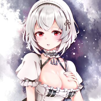1girl alternate_breast_size_(smaller) azur_lane breasts cleavage commentary frills hairband hand_on_own_chest haruko_mugi lace-trimmed_hairband lace_trim large_breasts looking_at_viewer medium_hair puffy_short_sleeves puffy_sleeves red_eyes short_sleeves sirius_(azur_lane) solo upper_body white_hair
