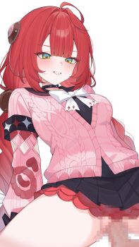1boy 1girl absurdres ahoge armband black_choker black_sailor_collar black_shirt black_skirt bow bowtie braid breasts cable_knit cardigan censored choker clothed_sex green_eyes grin hair_ornament hashtag-only_commentary hetero highres long_hair long_sleeves looking_at_viewer medium_breasts miniskirt mosaic_censoring mugripley penis pink_cardigan pleated_skirt pussy red_hair sailor_collar school_uniform sex shirt simple_background skirt smile solo_focus thighs twin_braids twintails ukinami_yuzuha undershirt vaginal very_long_hair white_background zenless_zone_zero