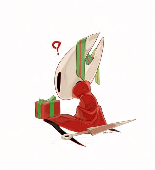 1girl ? arthropod_girl artist_name black_eyes bow box chinese_commentary cloak commentary_request film_grain from_behind full_body gift gift_box green_bow green_ribbon highres hightguy hollow_knight hollow_knight:_silksong hornet_(hollow_knight) horns needle_(hollow_knight) red_cloak ribbon simple_background solo striped_ribbon thread vertical-striped_ribbon white_background