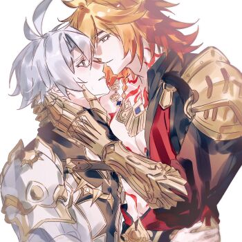 2boys antenna_hair arm_tattoo armlet armor black_choker black_coat black_shirt blonde_hair blue_eyes braid chest_tattoo chinese_commentary choker clawed_gauntlets coat commentary_request earrings facial_tattoo from_side gold_earrings gold_necklace gradient_hair hands_on_another's_neck highres honkai:_star_rail honkai_(series) jewelry kireiii male_focus medium_hair multicolored_hair multiple_boys mydei_(honkai:_star_rail) neck_tattoo necklace open_clothes open_coat parted_bangs pauldrons phainon_(honkai:_star_rail) profile red_hair red_tattoo shirt short_hair shoulder_armor side_braid single_pauldron sun_symbol sun_tattoo tan tattoo tears white_coat white_hair yaoi yellow_eyes