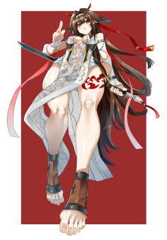 1girl animal_ear_fluff animal_ears armlet bare_shoulders bracelet breasts china_dress chinese_clothes clover clover_hair_ornament commentary_request covered_navel dress droopy_ears eiji_(eiji) feet from_below hair_ornament hairband highres holding holding_sword holding_weapon jewelry leg_tattoo medium_breasts metal_bracelet nail_polish open_mouth orange_nails pelvic_curtain red_background see-through_clothes silver_armlet silver_bracelet solo standing standing_on_one_leg stirrup_footwear sword tail tattoo toenail_polish toenails toes weapon white_hairband ye_shunguang zenless_zone_zero