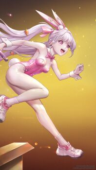 Rule 34 | alice (nikke), alice (wonderland bunny) (nikke), anarchyart, animal ears, bow, bowtie, breasts, carrot hair ornament, commentary request, detached collar, food-themed hair ornament, goddess of victory: nikke, grey hair, hair ornament, highres, leotard, long hair, medium breasts, open mouth, pantyhose, pink bow, pink bowtie, pink eyes, pink leotard, playboy bunny, rabbit ears, rabbit tail, shoes, smile, sneakers, strapless, strapless leotard, tail, teeth, twintails, upper teeth only, white pantyhose, white shoes, white wrist cuffs, wrist cuffs