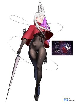 1girl absurdres artist_name black_eyes bodystocking breasts cloak closed_mouth colored_inner_hair commentary covered_navel crossed_ankles full_body gluteal_fold grey_hair hair_horns highres holding holding_weapon hollow_knight hollow_knight:_silksong hornet_(hollow_knight) humanization knight long_hair looking_to_the_side medium_breasts multicolored_hair needle_(hollow_knight) nisp_art profile purple_hair red_cloak reference_inset standing thigh_gap two-tone_hair very_long_hair weapon white_background