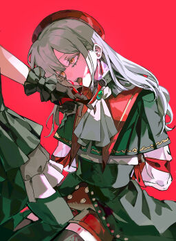 Rule 34 | 2girls, absurdres, ascot, bang dream!, bang dream! it's mygo!!!!!, black gloves, black thighhighs, blood, bruise, capelet, chinese commentary, commentary request, gloves, green capelet, green hair, hat, highres, injury, jewelry, long hair, looking at another, mortis (bang dream!), mortis (costume) (bang dream!), multiple girls, ne2op, oblivionis (bang dream!), open mouth, red background, red hat, red shorts, saliva, shirt, shorts, simple background, sitting, skirt, solo focus, teeth, thighhighs, togawa sakiko, upper teeth only, wakaba mutsumi, white ascot, white shirt, yellow eyes