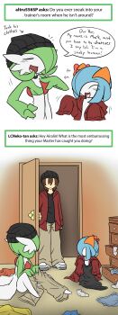 absurdres airalin_(mark_folks) alternate_color artist_self-insert blush caught choker comic english_text gardevoir gen_3_pokemon highres jacket kirlia long_image nintendo no_feet open_clothes open_jacket open_mouth pokemon pokemon_(creature) rakkuguy red_eyes serene_(mark_folks) shiny_pokemon simple_background tall_image white_background